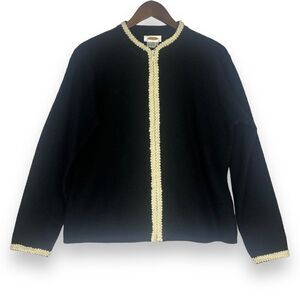 Talbots Sweater Cardigan 100% Wool Vintage Full Zip Black Ivory‎ Crochet Trim M
